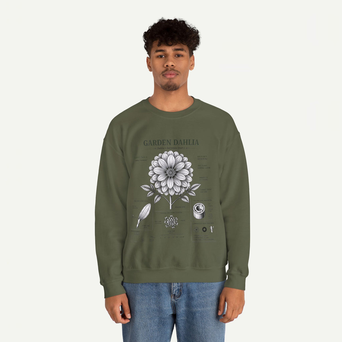 Dahlia Botanical Sweatshirt — Garden Dahlia Floral Diagram Crewneck