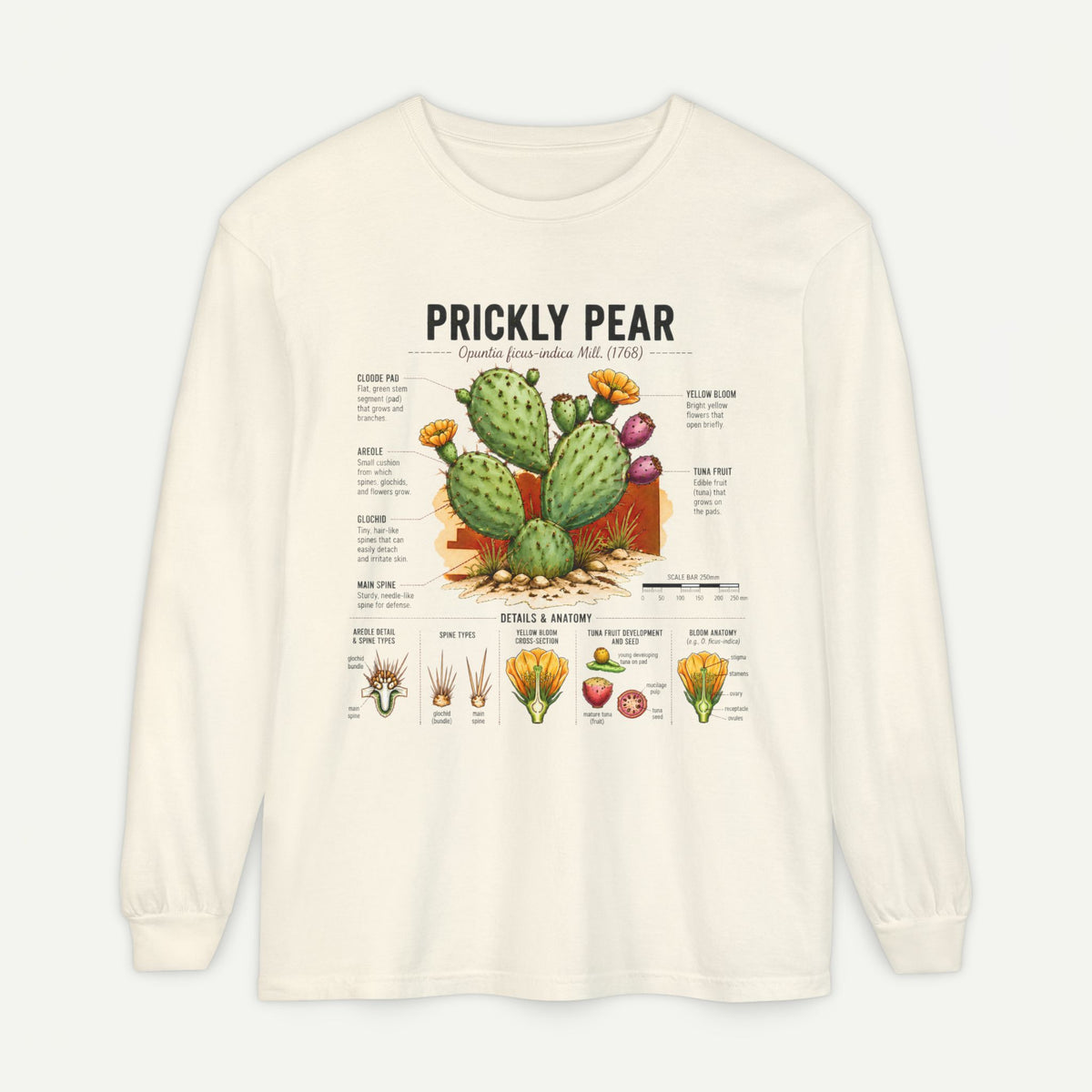 Prickly Pear Botanical Long Sleeve T-Shirt — Cactus Illustration & Plant Facts