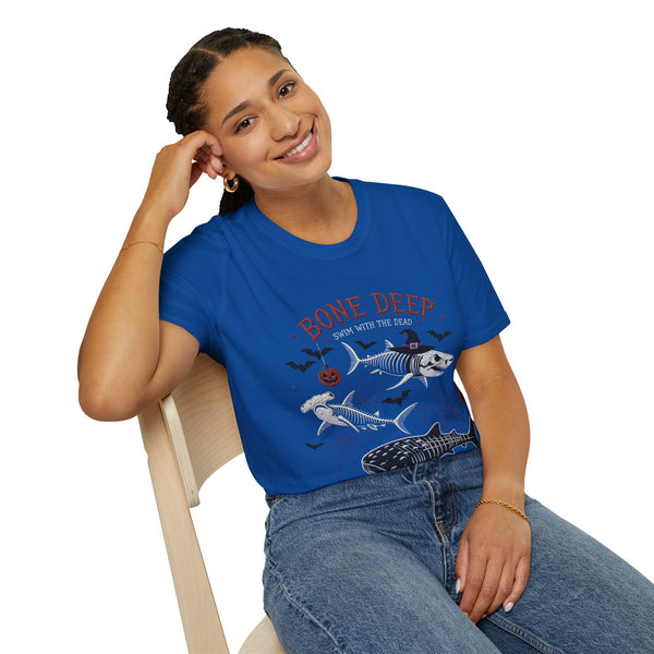 T-Shirt — "Bone Deep" Halloween Fish Skeleton Graphic Tee