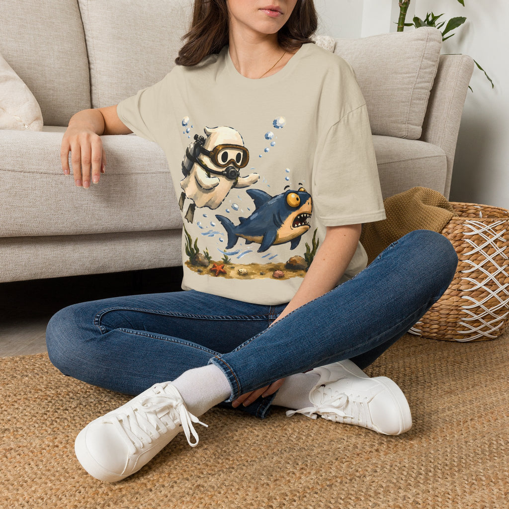 Dive Buddy T‑Shirt — Cute Scuba Pug Chasing Shark Illustration