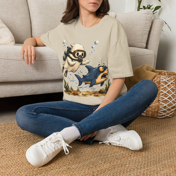 Dive Buddy T‑Shirt — Cute Scuba Pug Chasing Shark Illustration