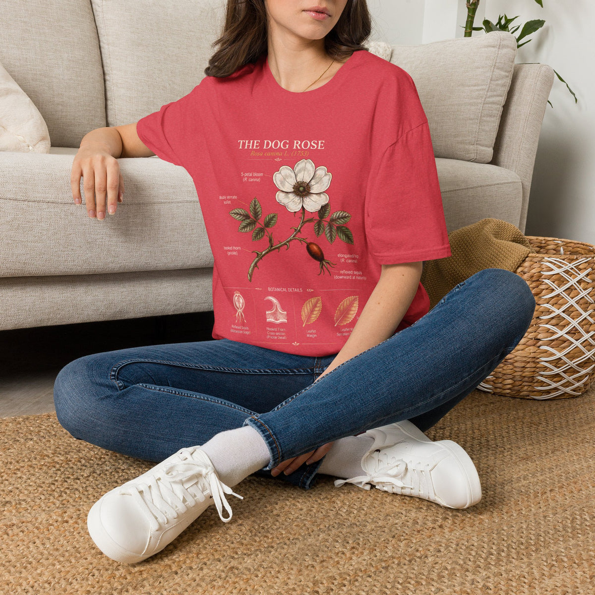Dog Rose Floral T-Shirt — Botanical Illustration Tee with 'The Dog Rose' Label