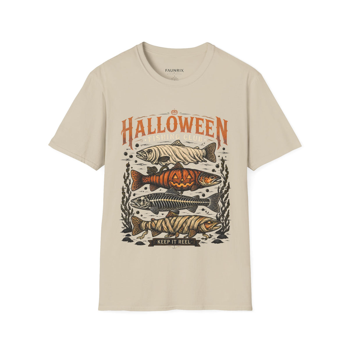 Halloween Trout Graphic T‑Shirt — Spooky Fish Pumpkin Design