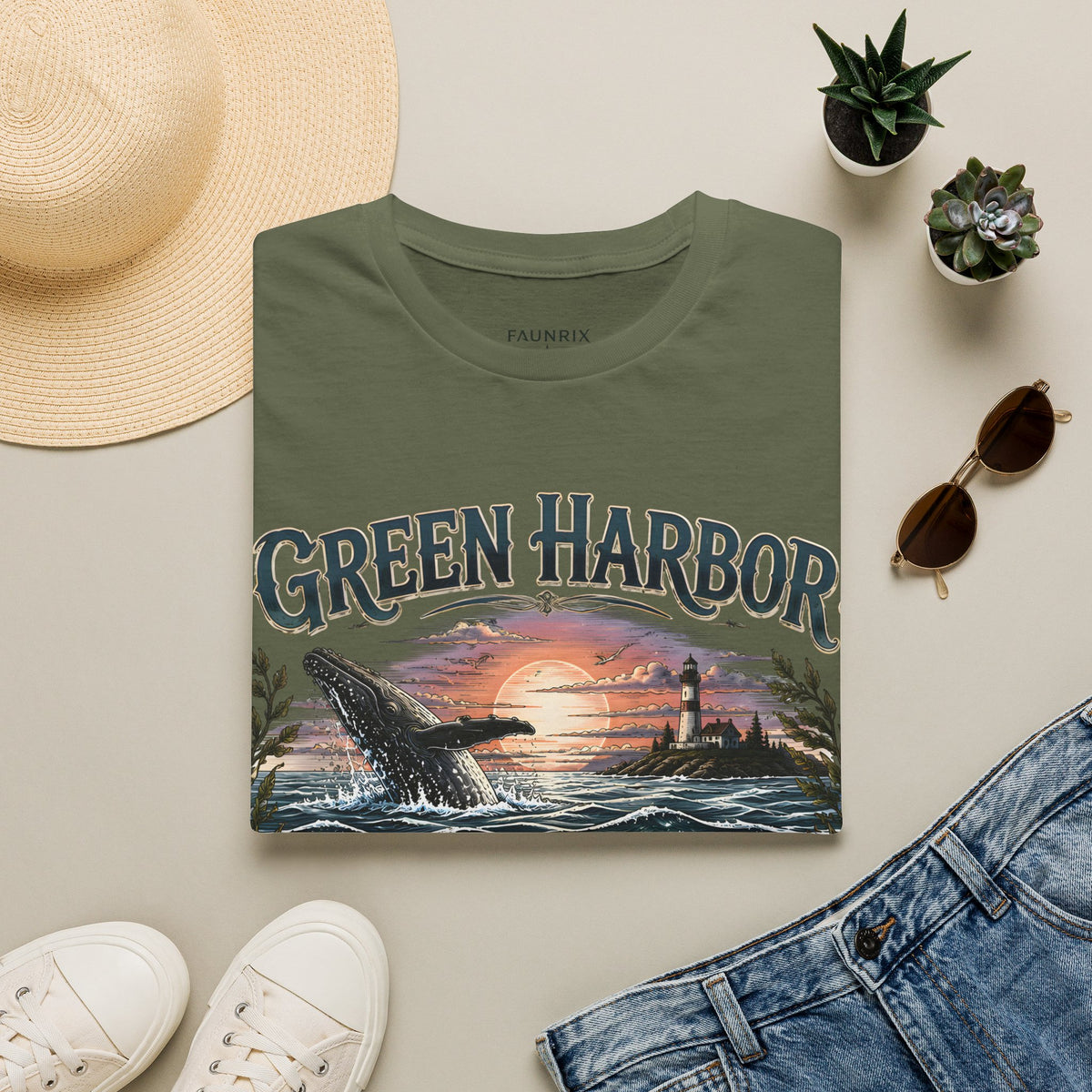 Green Harbor Sunset Whale T-Shirt
