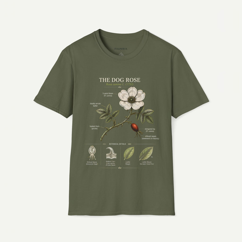 Dog Rose Floral T-Shirt — Botanical Illustration Tee with 'The Dog Rose' Label