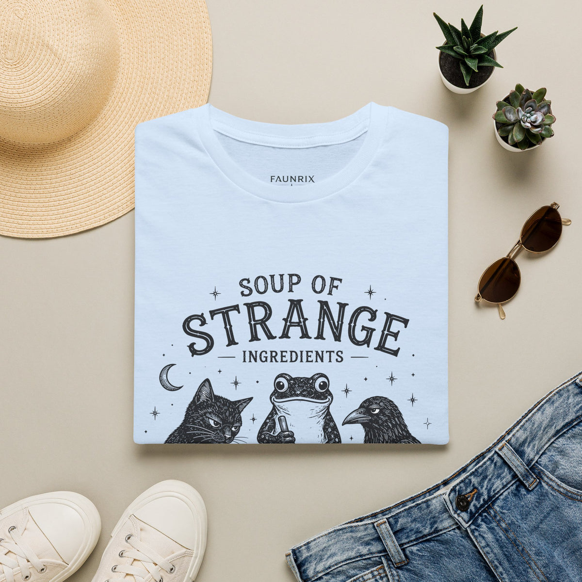 T-Shirt — "Soup of Strange Ingredients" Witchy Frog, Cat & Crow Illustration