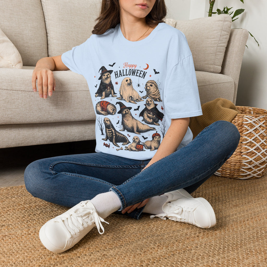Halloween Seal Crewneck T-Shirt — Happy Halloween Cute Spooky Seal Pals