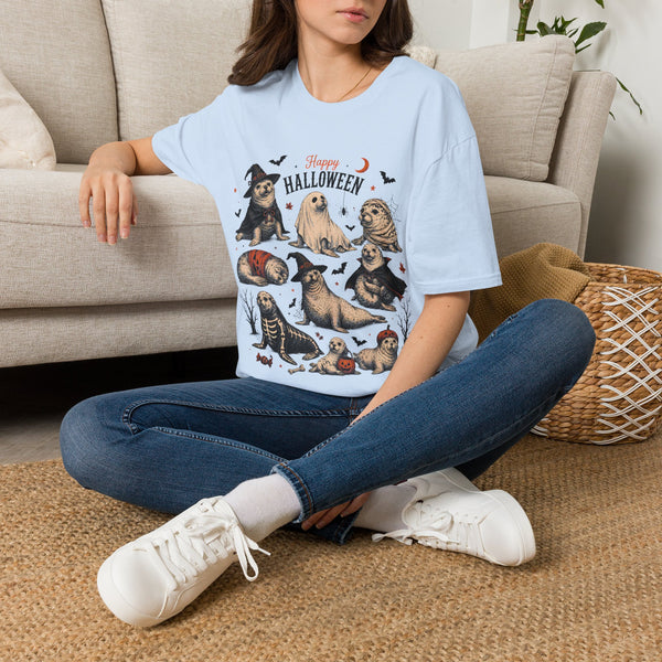 Halloween Seal Crewneck T-Shirt — Happy Halloween Cute Spooky Seal Pals