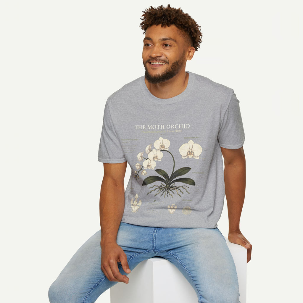 Moth Orchid Anatomy T‑Shirt — Elegant White Phalaenopsis Floral Tee