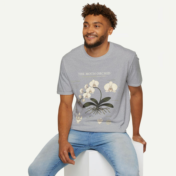 Moth Orchid Anatomy T‑Shirt — Elegant White Phalaenopsis Floral Tee