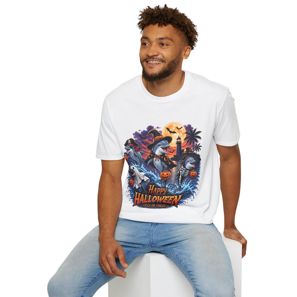 Halloween Dolphin T-Shirt — Cute Spooky Beach Scene with 'Happy Halloween'