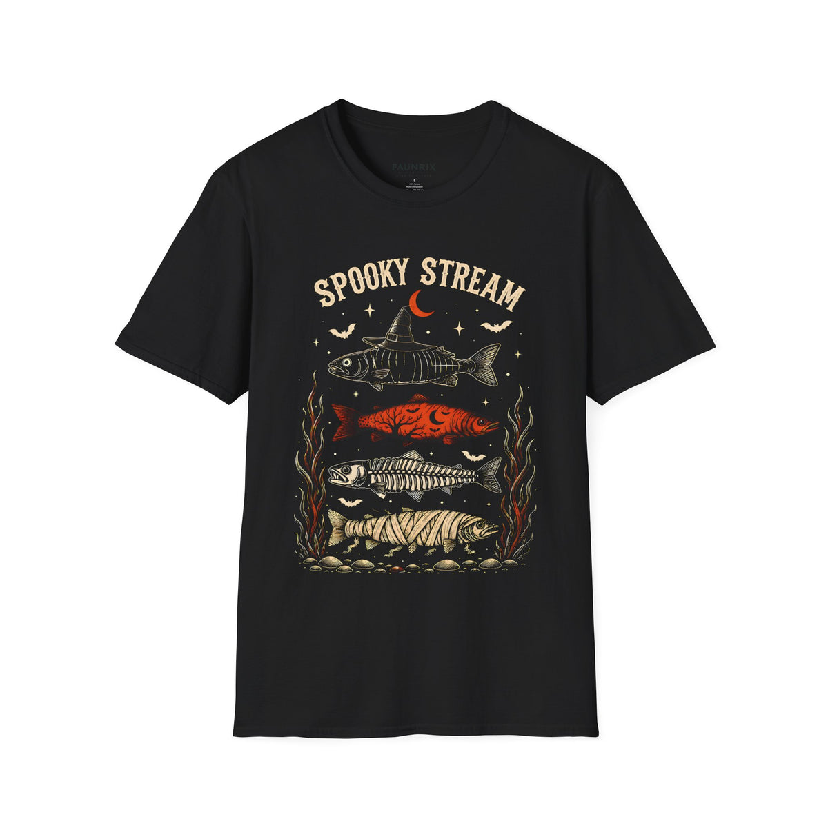 Spooky Stream T-Shirt — Halloween Fish Skeleton Graphic Tee