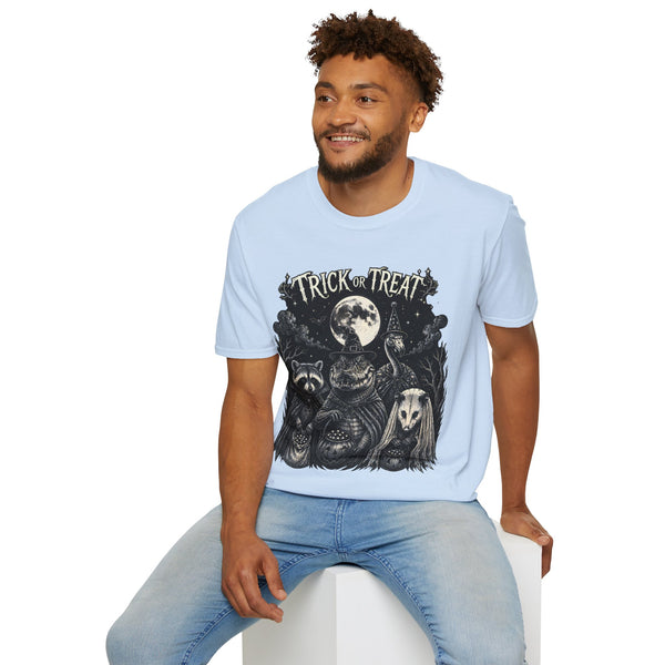 Trick or Treat Halloween T-Shirt — Vintage Moonlit Witch & Spooky Animals Tee
