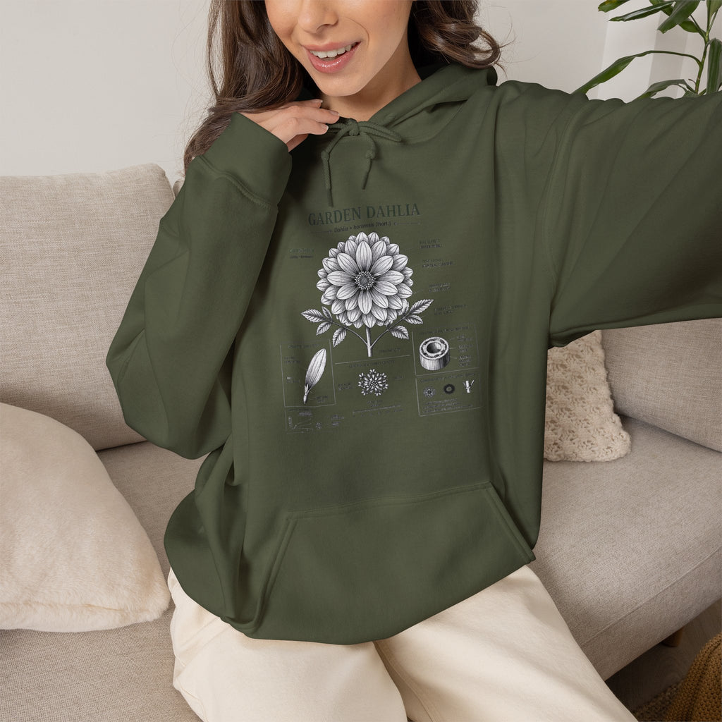 Dahlia Botanical Hoodie — Vintage Garden Diagram Sweatshirt