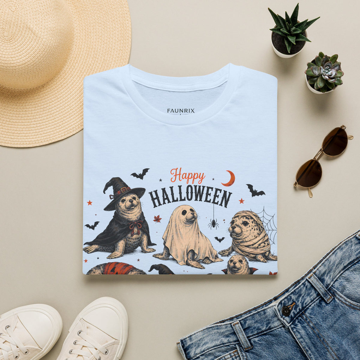 Halloween Seal Crewneck T-Shirt — Happy Halloween Cute Spooky Seal Pals