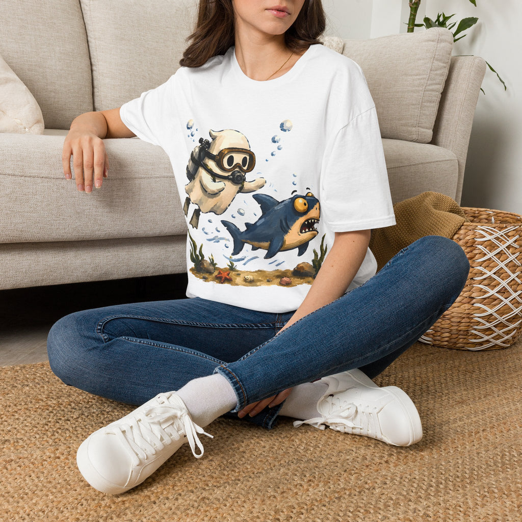 Dive Buddy T‑Shirt — Cute Scuba Pug Chasing Shark Illustration
