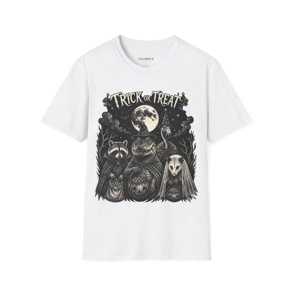Trick or Treat Halloween T-Shirt — Vintage Moonlit Witch & Spooky Animals Tee