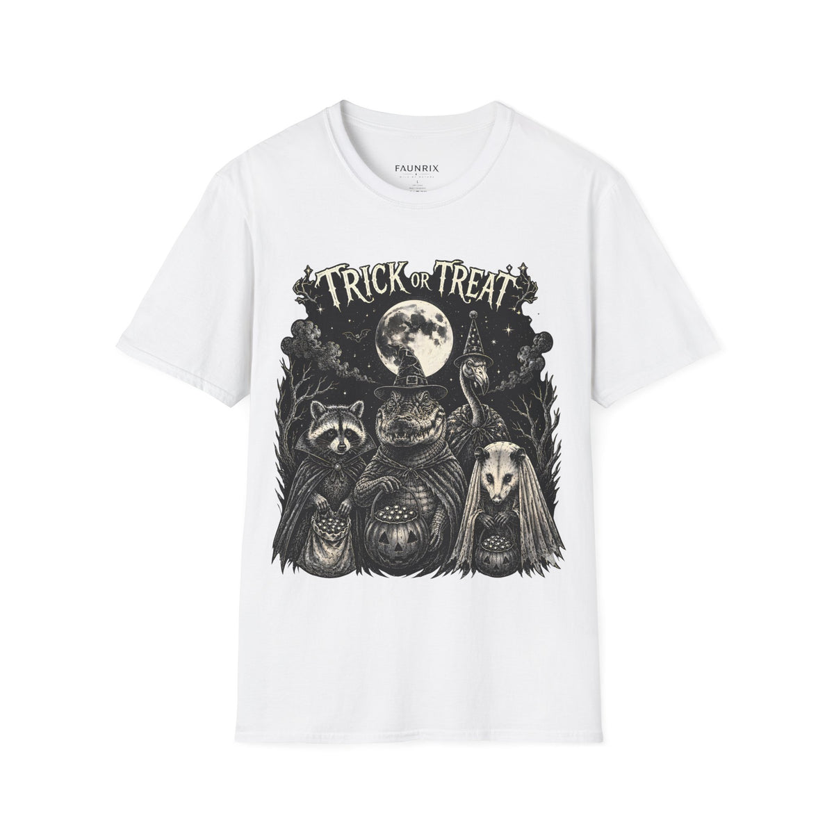 Trick or Treat Halloween T-Shirt — Vintage Moonlit Witch & Spooky Animals Tee