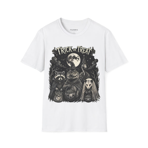 Trick or Treat Halloween T-Shirt — Vintage Moonlit Witch & Spooky Animals Tee