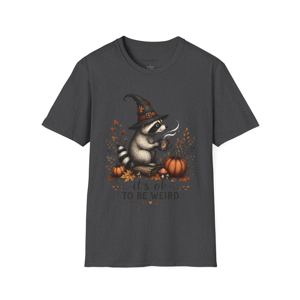 T-Shirt — Cute Raccoon Witch Illustration "It's OK to Be Weird" | Halloween Cozy Fall Graphic Tee