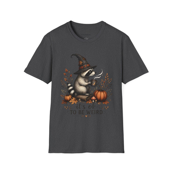 T-Shirt — Cute Raccoon Witch Illustration "It's OK to Be Weird" | Halloween Cozy Fall Graphic Tee