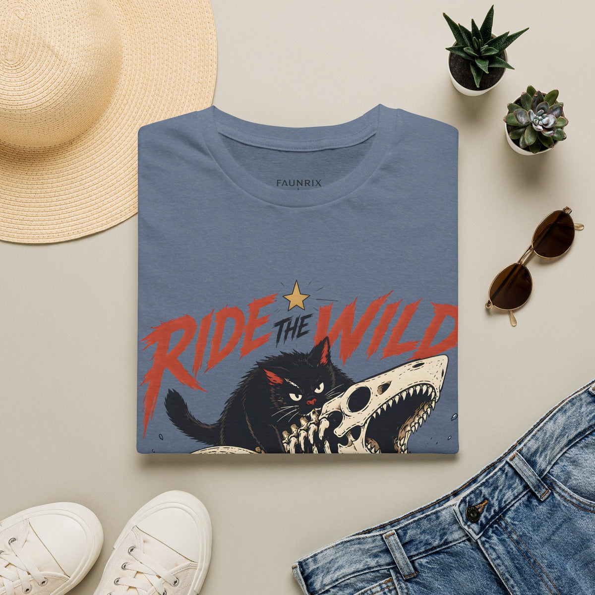 Ride the Wild T-Shirt — Cat Riding Dinosaur Skull Graphic Tee