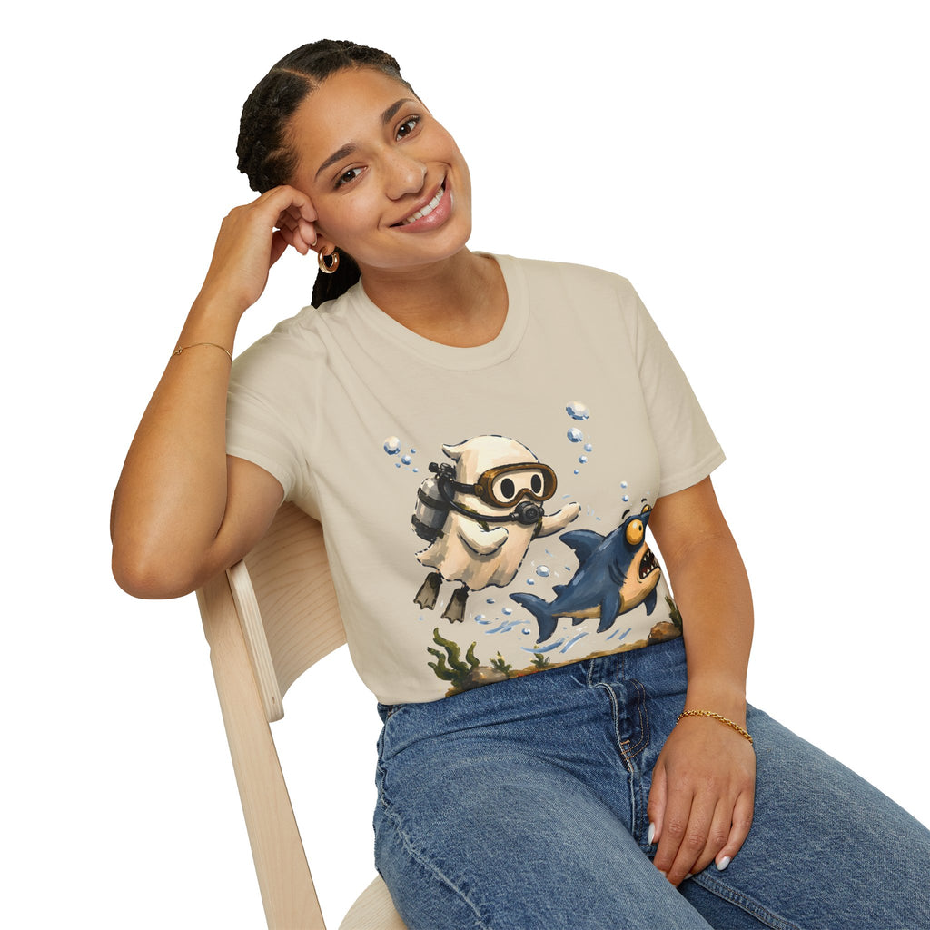 Dive Buddy T‑Shirt — Cute Scuba Pug Chasing Shark Illustration