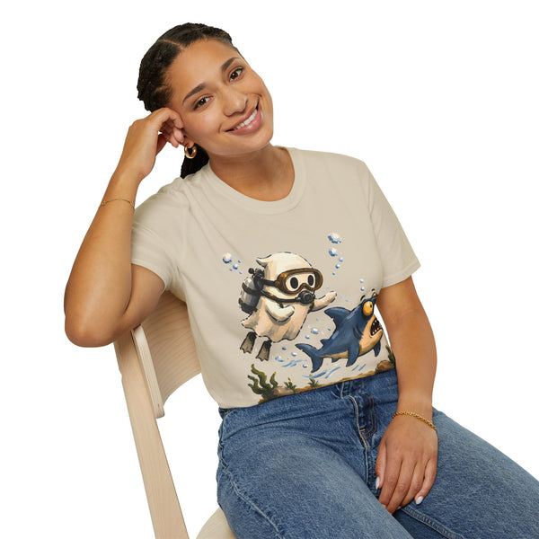 Dive Buddy T‑Shirt — Cute Scuba Pug Chasing Shark Illustration