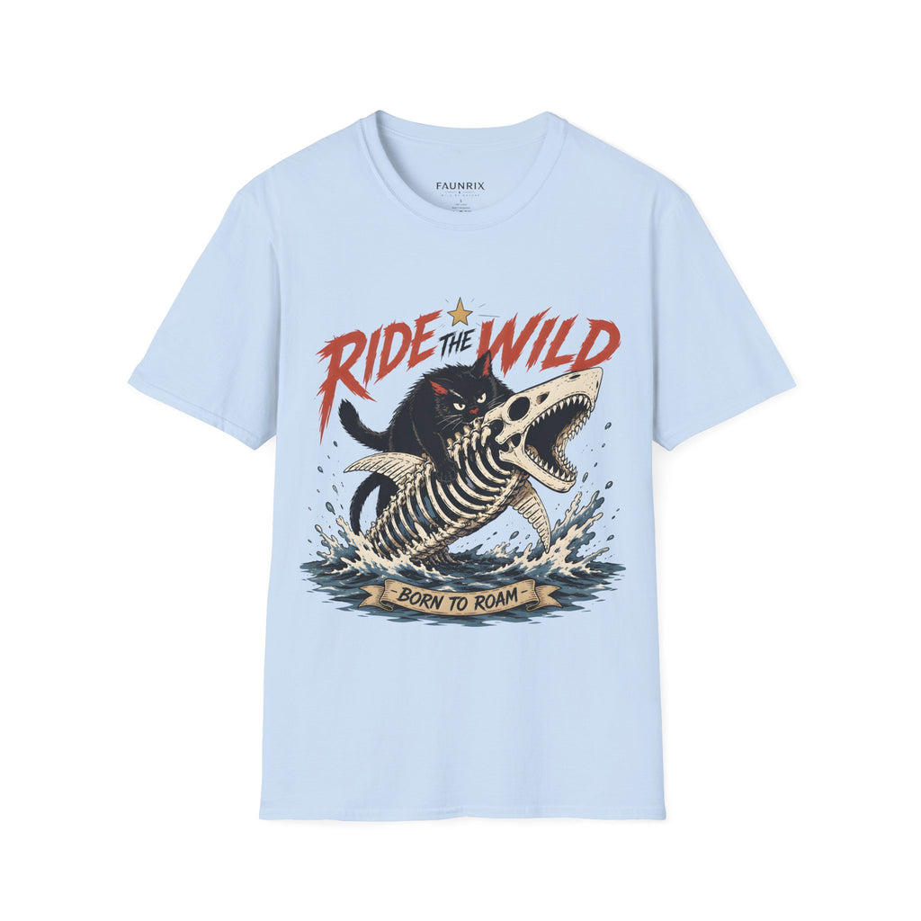 Ride the Wild T-Shirt — Cat Riding Dinosaur Skull Graphic Tee