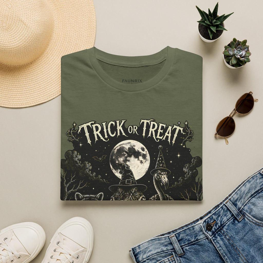 Trick or Treat Halloween T-Shirt — Vintage Moonlit Witch & Spooky Animals Tee