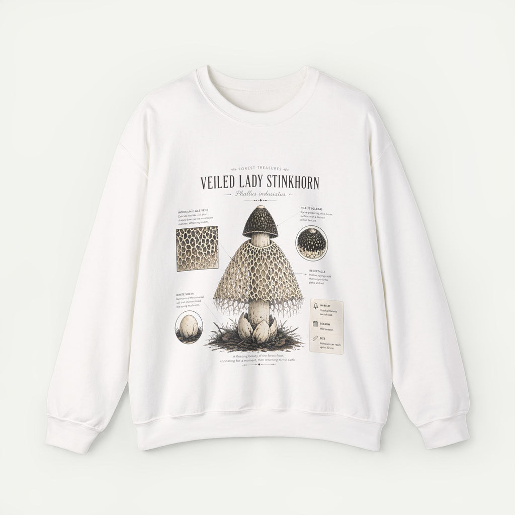 Veiled Lady Stinkhorn Mushroom Crewneck Sweatshirt — Botanical Mycology Graphic