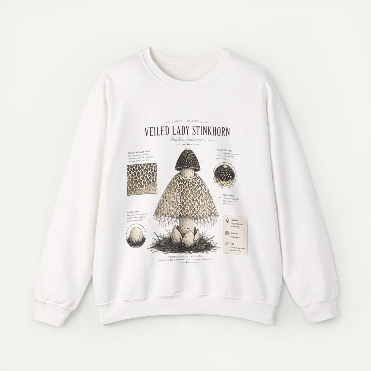 Veiled Lady Stinkhorn Mushroom Crewneck Sweatshirt — Botanical Mycology Graphic