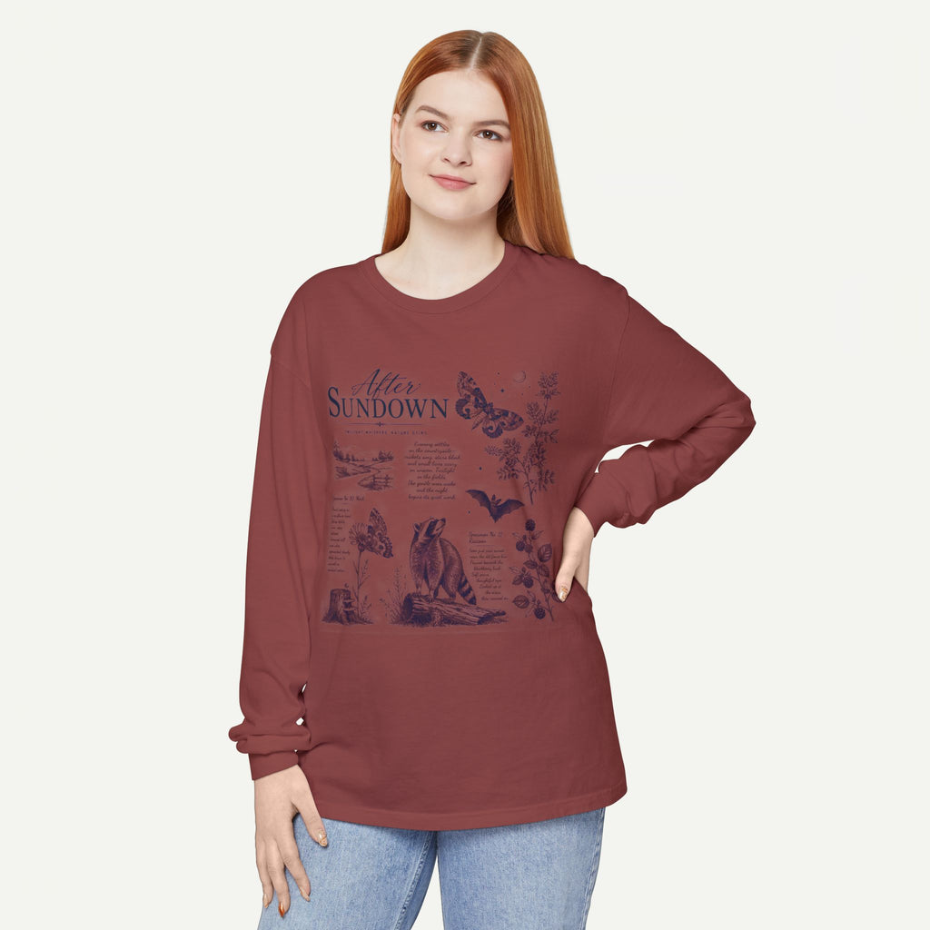 After Sundown Long Sleeve Tee — Vintage Moonlit Nature Graphic