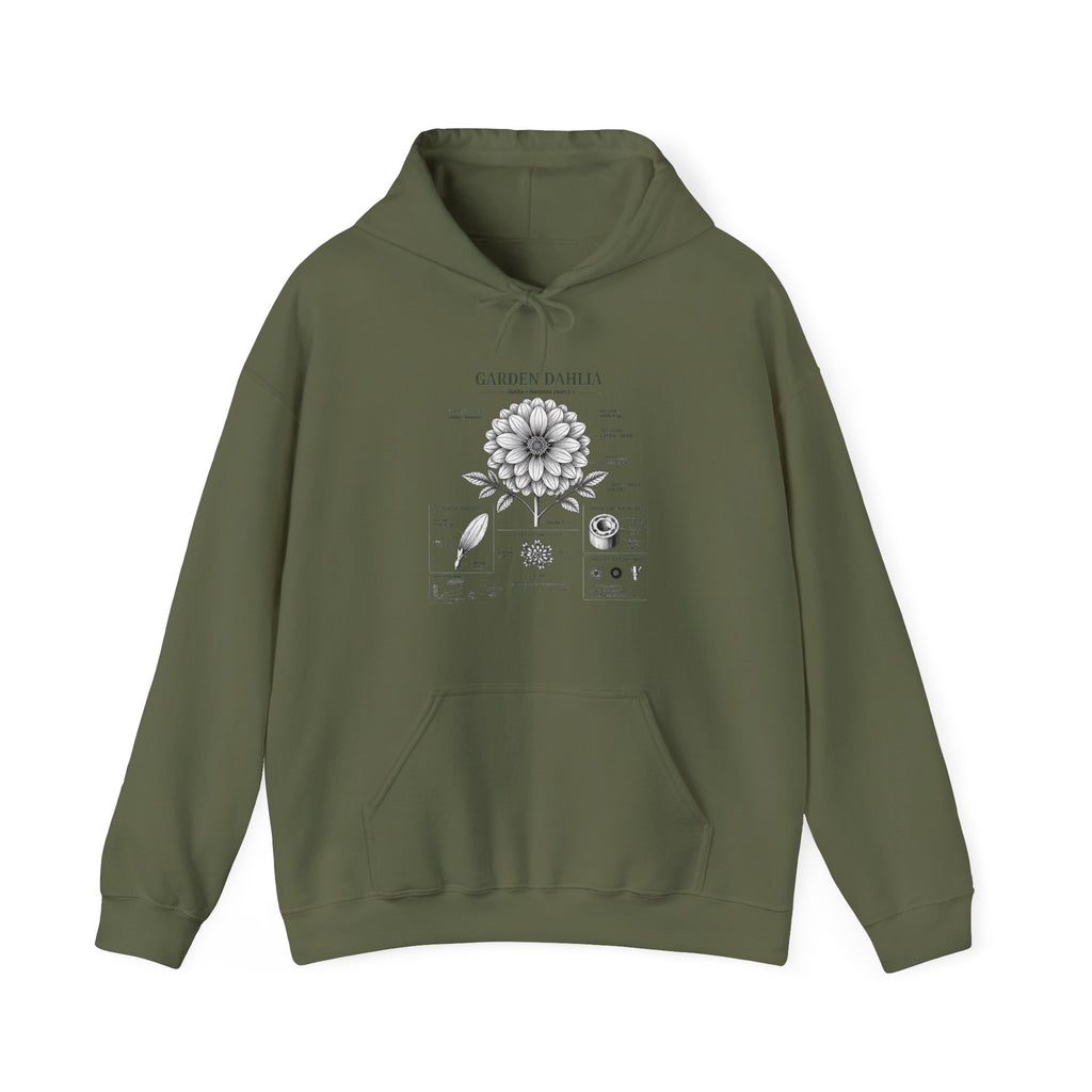 Dahlia Botanical Hoodie — Vintage Garden Diagram Sweatshirt
