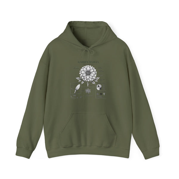 Dahlia Botanical Hoodie — Vintage Garden Diagram Sweatshirt