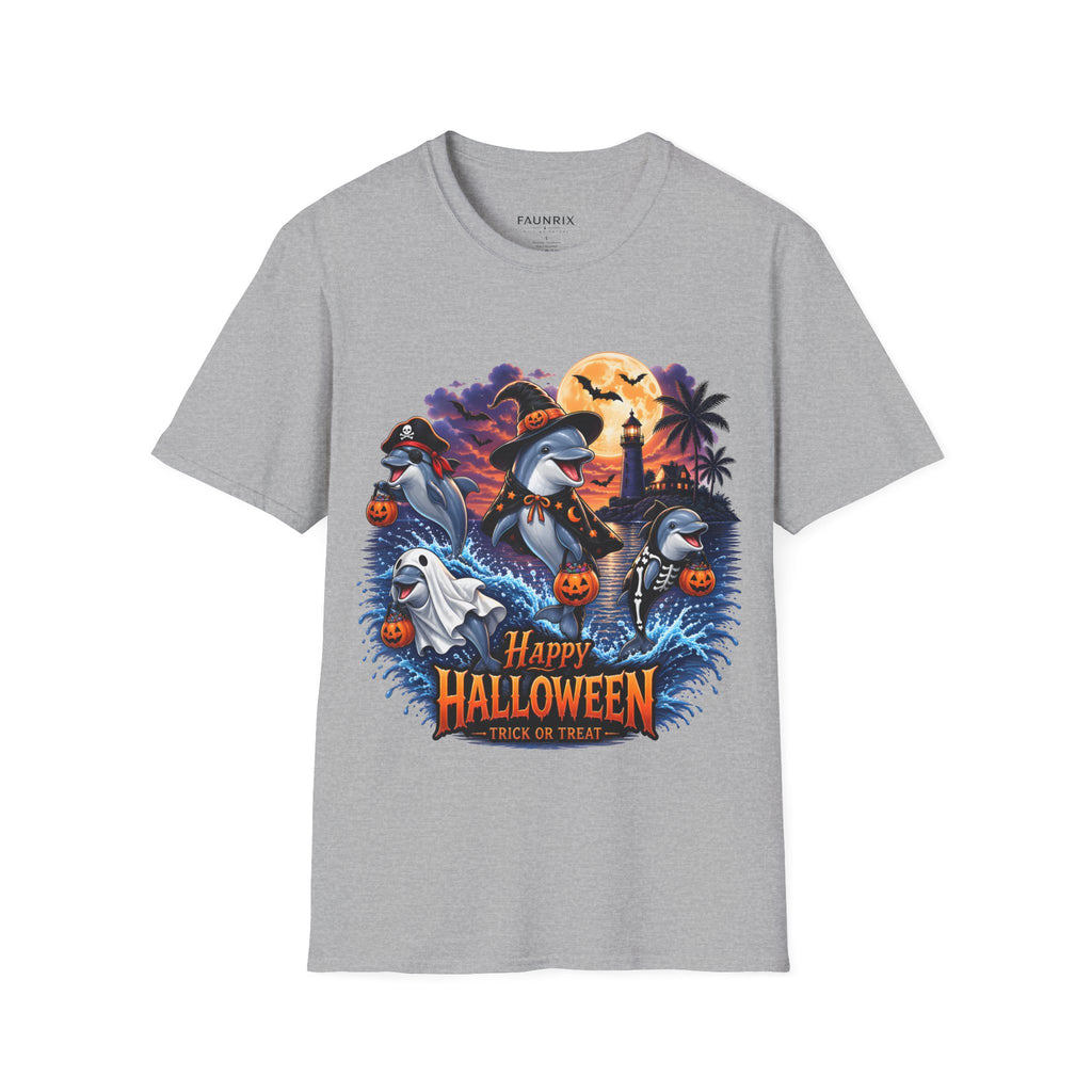 Halloween Dolphin T-Shirt — Cute Spooky Beach Scene with 'Happy Halloween'
