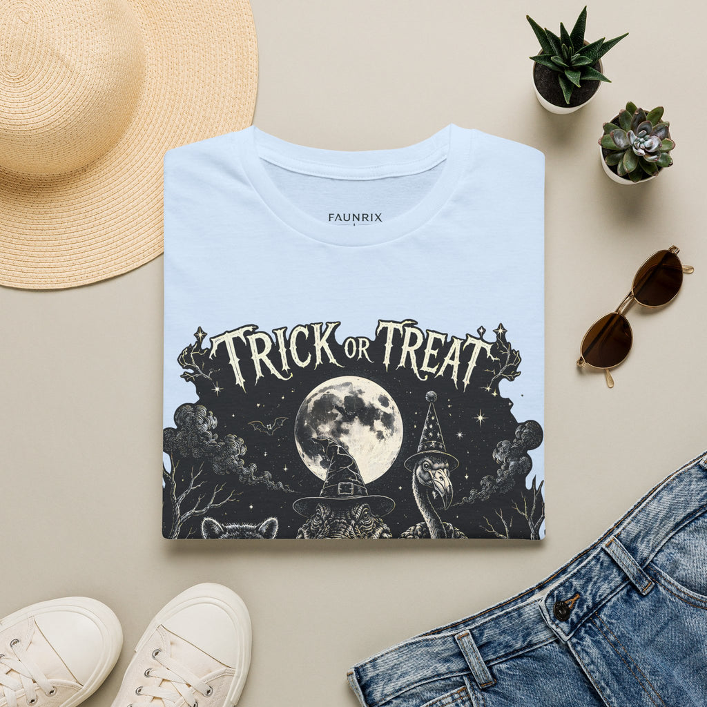 Trick or Treat Halloween T-Shirt — Vintage Moonlit Witch & Spooky Animals Tee