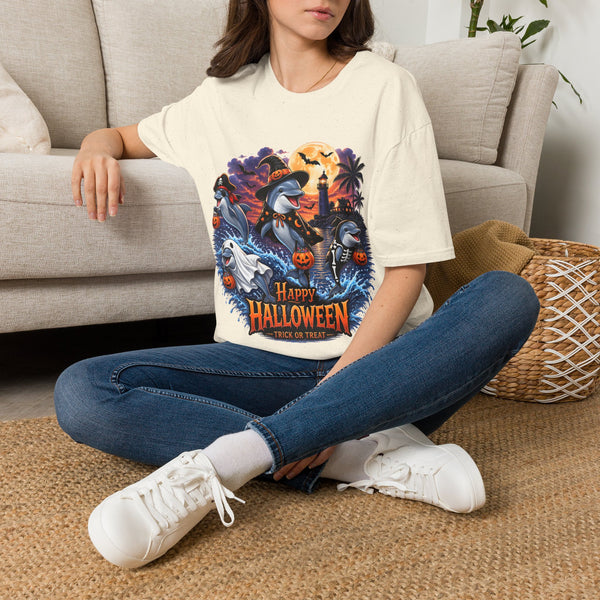 Halloween Dolphin T-Shirt — Cute Spooky Beach Scene with 'Happy Halloween'