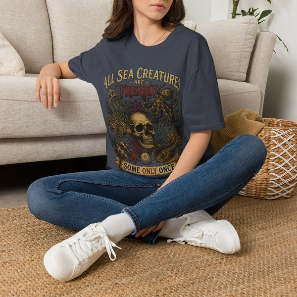 Ocean Creature Graphic T-Shirt — "All Sea Creatures Are Friendly (Some Only Once)" Vintage Skull Octopus Tee