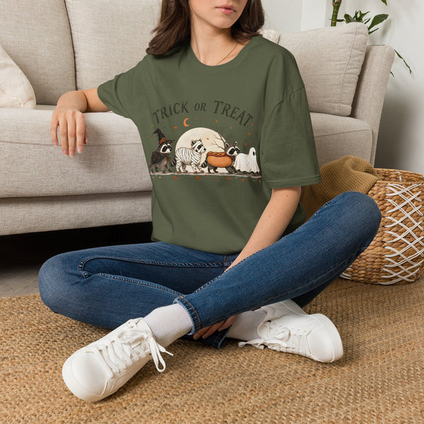 Trick or Treat Halloween T-Shirt — Cute Costume Raccoon, Mummy & Ghost Graphic