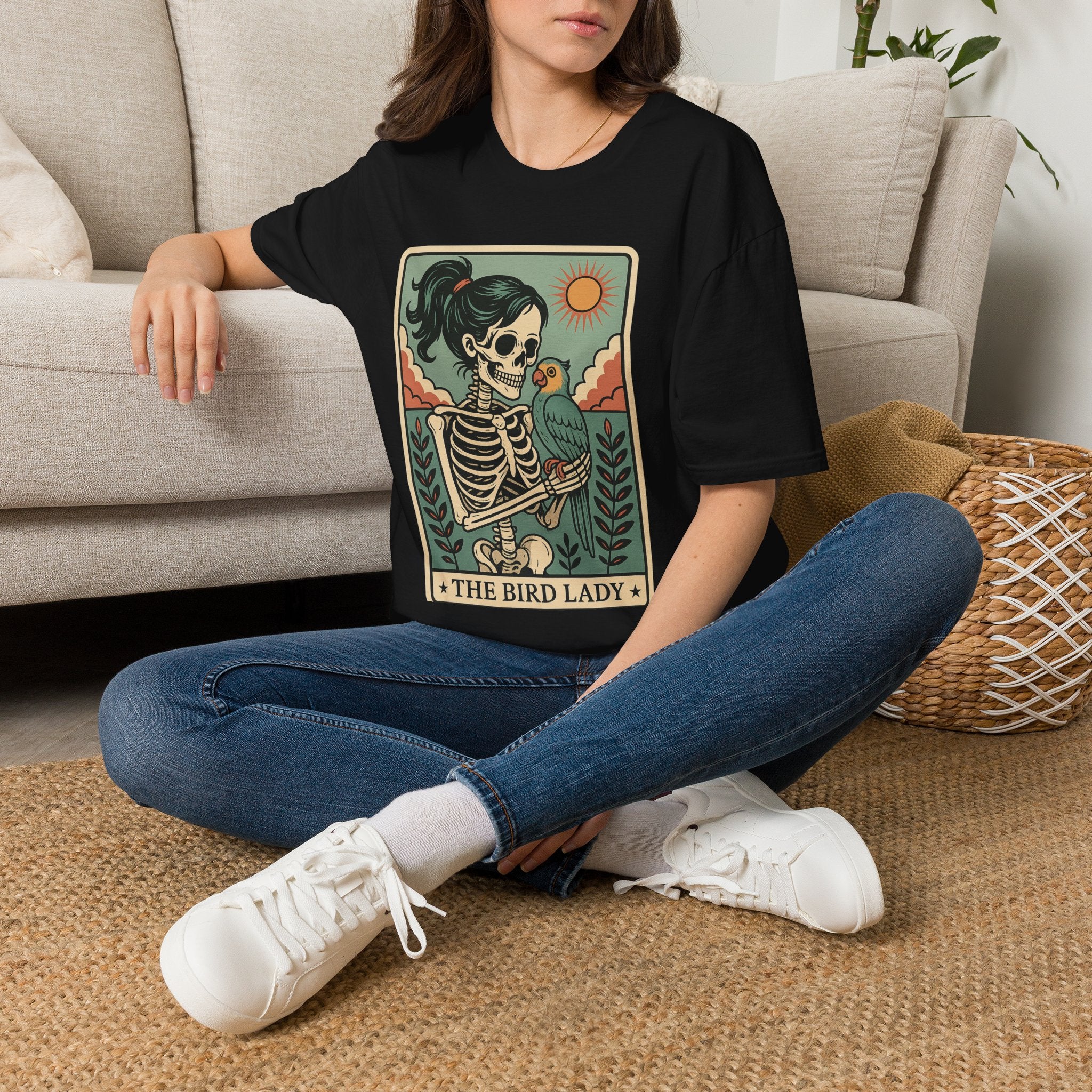 The Bird Lady T-Shirt — Retro Skeleton Woman with Parrot Graphic