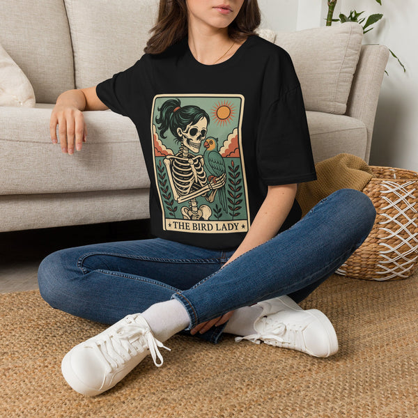 The Bird Lady T-Shirt — Retro Skeleton Woman with Parrot Graphic