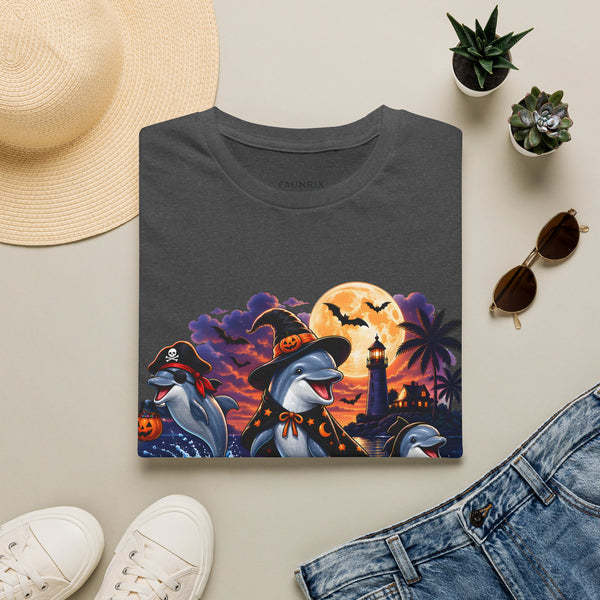 Halloween Dolphin T-Shirt — Cute Spooky Beach Scene with 'Happy Halloween'
