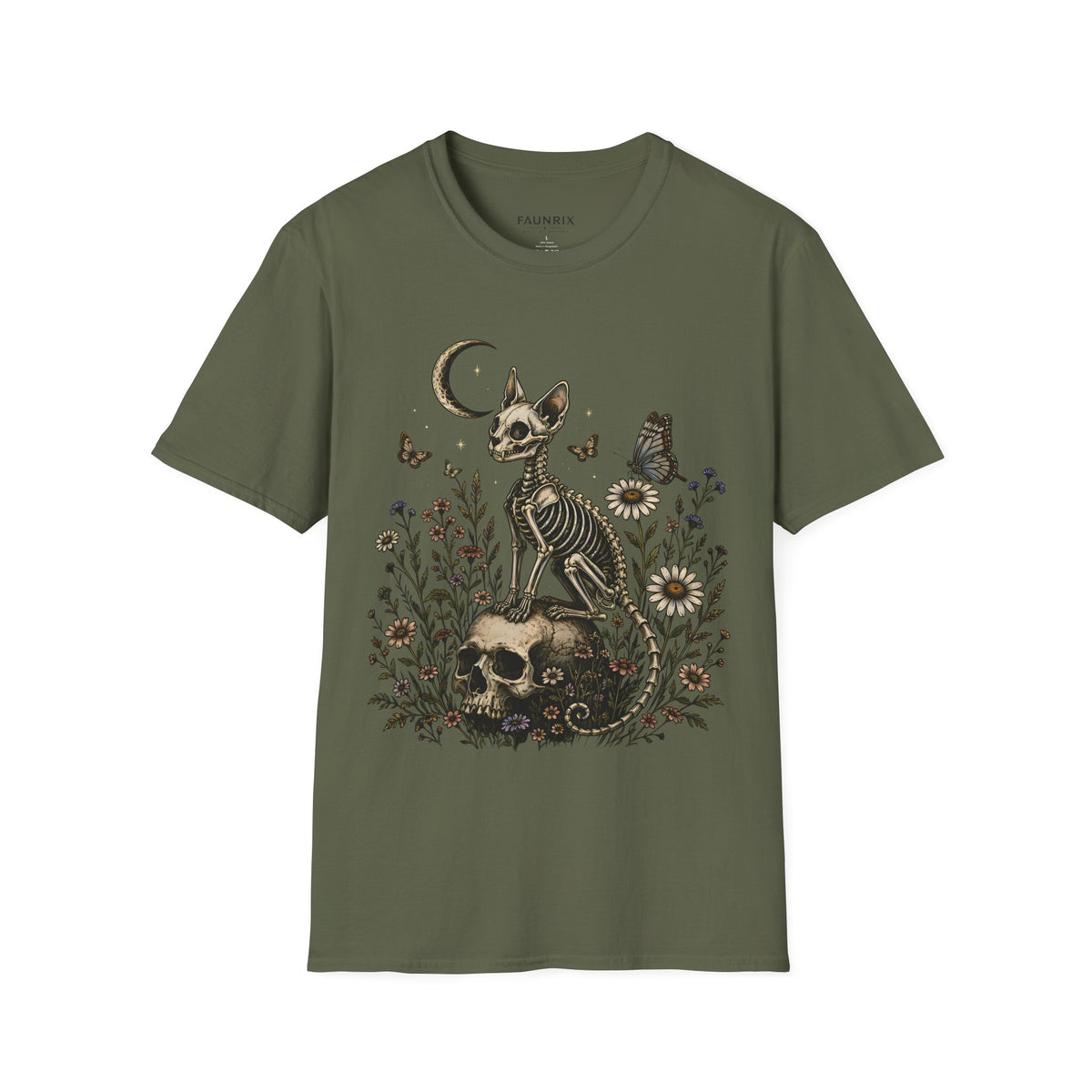 Skeleton Cat Moon T-Shirt — Gothic Floral Skull Tee