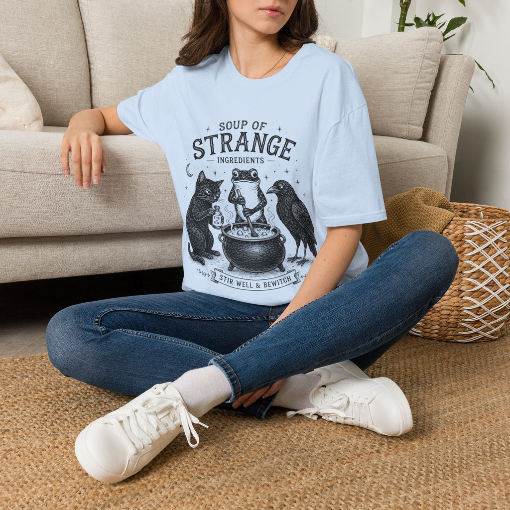 T-Shirt — "Soup of Strange Ingredients" Witchy Frog, Cat & Crow Illustration