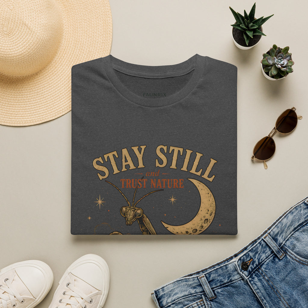 T‑Shirt — Stay Still and Trust Nature Praying Mantis & Moon Graphic Tee