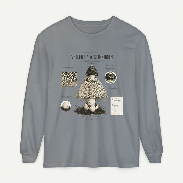 Veiled Lady Stinkhorn Mushroom Long Sleeve Tee — Botanical Fungi Illustration