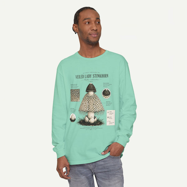 Veiled Lady Stinkhorn Mushroom Long Sleeve Tee — Botanical Fungi Illustration