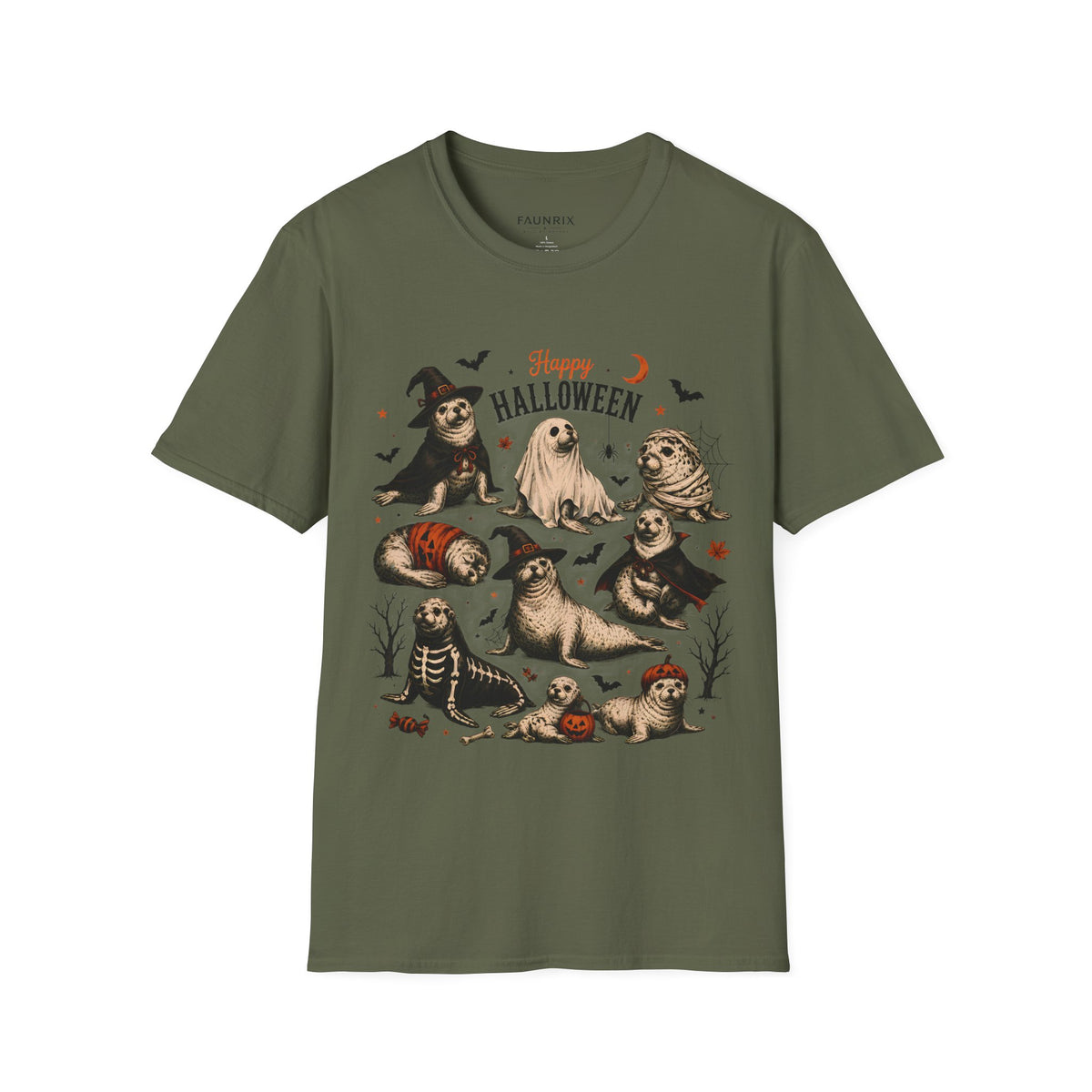 Halloween Seal Crewneck T-Shirt — Happy Halloween Cute Spooky Seal Pals
