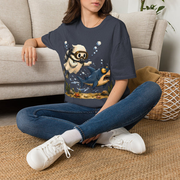 Dive Buddy T‑Shirt — Cute Scuba Pug Chasing Shark Illustration